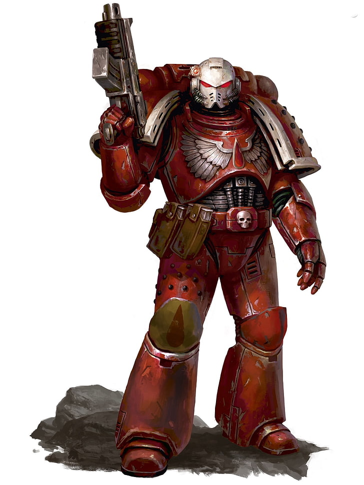 orang yang mengenakan setelan baja merah memegang ilustrasi senapan, marinir luar angkasa, Warhammer 40.000, WH40K, Wallpaper HD, wallpaper seluler