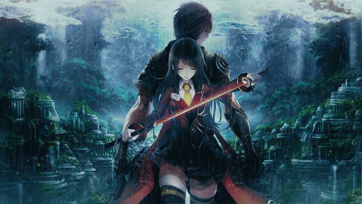 anime girl, boy, couple, fighter, katana, landscape, raining, warriors, Anime, HD wallpaper