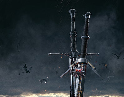 黒のハンドル、武器、メダリオン、剣を持つ2本の灰色の剣、ウィッチャー3：ワイルドハント、 HDデスクトップの壁紙 HD wallpaper