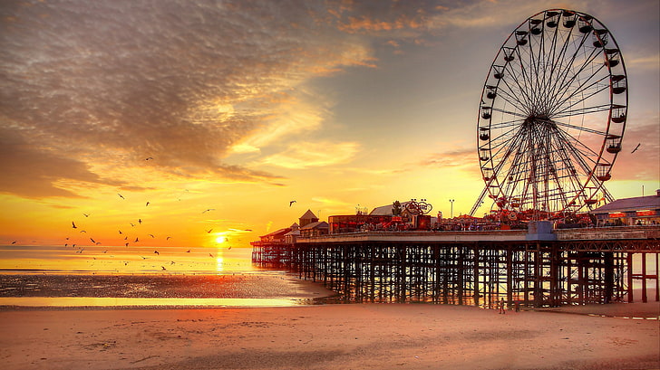 grande roue noire, coucher de soleil, plage, grande roue, Royaume-Uni, jetée, Blackpool, oiseaux, Fond d'écran HD