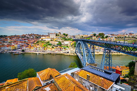 橋、川、建物、家、屋根、パノラマ、ポルトガル、ヴィラノヴァデガイア、ポルト、ポート、ドウロ川、ドゥエロ川、ドムルイス1橋、ポンテデドンルイス1世、 HDデスクトップの壁紙 HD wallpaper
