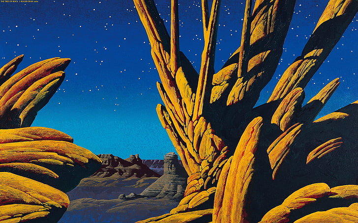 desert rock formations painting, painting, landscape, artwork, rock, night, Roger Dean, HD wallpaper