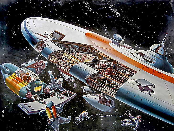 ilustrasi pesawat ruang angkasa putih dan oranye, fiksi ilmiah, karya seni, fiksi ilmiah retro, Wallpaper HD