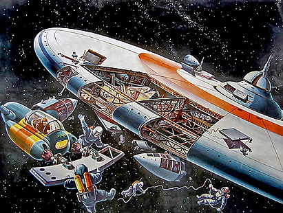 white and orange spaceship illustration, science fiction, artwork, retro science fiction, HD wallpaper HD wallpaper