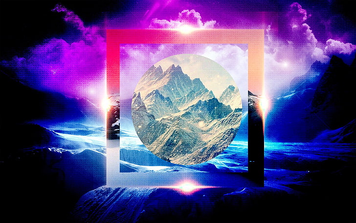 lingkaran, gunung, suar, bujur sangkar, alam, awan, polyscape, Wallpaper HD