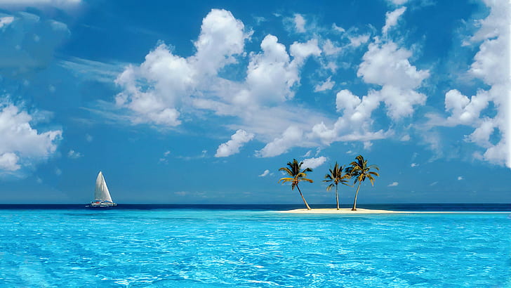 остров, плаж, палми, пясък, облаци, вода, платноходки, ясно небе, синьо, HD тапет
