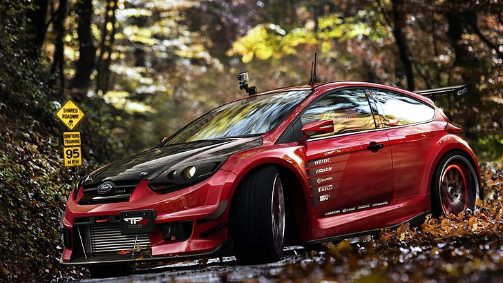 coupe merah, fokus ford, mobil merah, mobil, kendaraan, Wallpaper HD