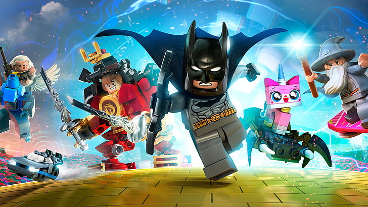 DC Lego Batman digital wallpaper, Batman, Gandalf, characters, Game, 2015, LEGO Dimensions, HD wallpaper