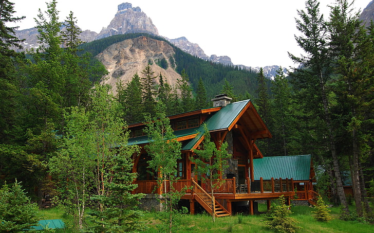 alam, pemandangan, gunung, pohon, hutan, rumah, Alberta, Kanada, batu, kayu, Wallpaper HD