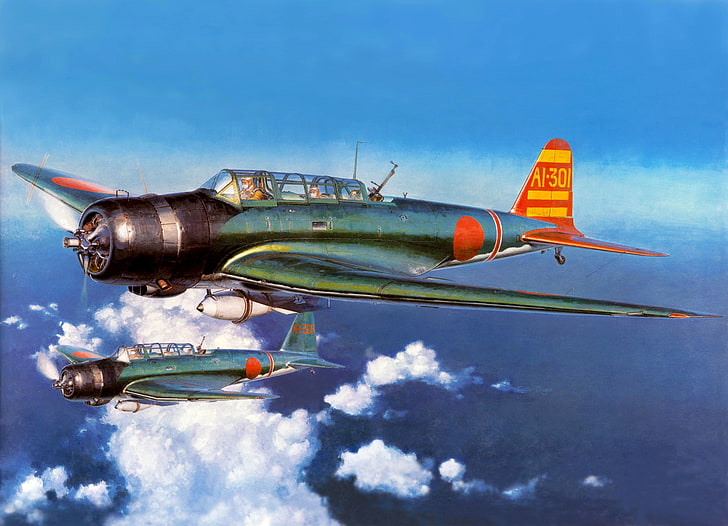 two blue-and-orange airplanes, the sky, clouds, figure, art, aircraft, WW2, type 97, Nakajima B5N, bombers-torpedo bombers, HD wallpaper