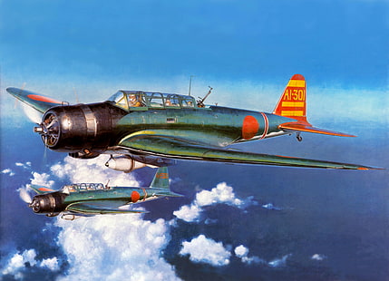 два сине-оранжевых самолета, небо, облака, рисунок, арт, самолеты, WW2, тип 97, Nakajima B5N, бомбардировщики-торпедоносцы, HD обои HD wallpaper