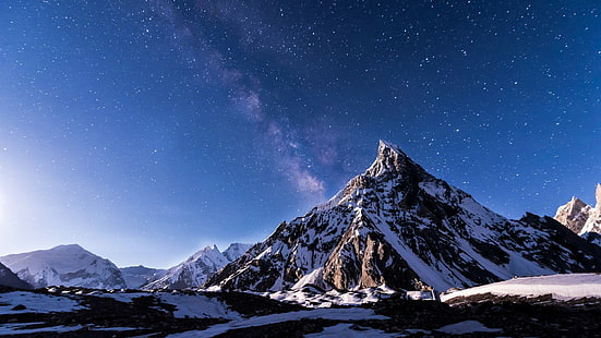 Конкордия, горы Каракорум, Каракорум, горный хребет, саммит, горный хребет Каракорум, снег, Пакистан, зима, небо, пик митры, пик, ночь, ночное небо, звездное небо, гора, звезды, природа, HD обои HD wallpaper
