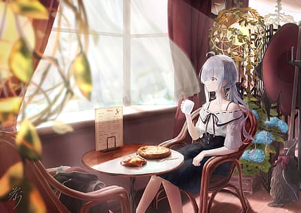 Majo no Tabitabi, Elaina (Majo no Tabitabi), Café, Anime-Mädchen, graue Haare, Hexe, Kunstwerke, HD-Hintergrundbild HD wallpaper