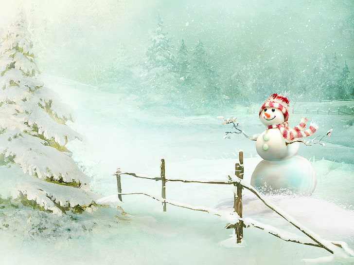цифров тапет на снежен човек, гора, сняг, усмивка, снежен човек, дърво, шал, снеговалеж, HD тапет