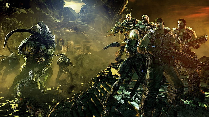 gruppo di persone con sfondo di fucili e alieni, Gears of War, videogiochi, Gears of War 2, Sfondo HD