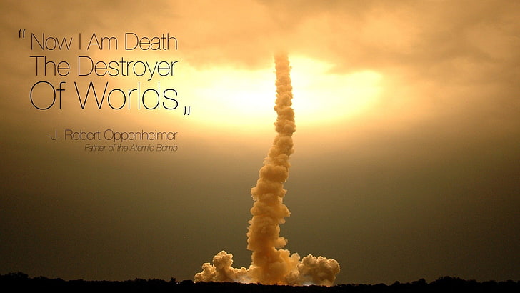 white clouds with text overlay, Julius Robert Oppenheimer, explosion, quote, smoke, sunlight, HD wallpaper