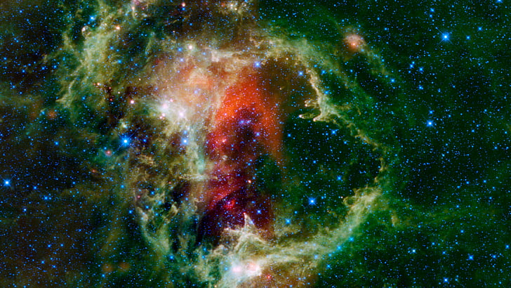 kosmos, galaksi, ruang, nebula hijau, kuning, dan merah, Wallpaper HD