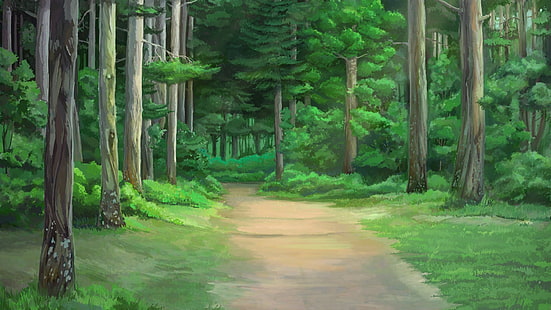pintura da floresta verde, clareira da floresta, árvores, obras de arte, verão eterno, HD papel de parede HD wallpaper