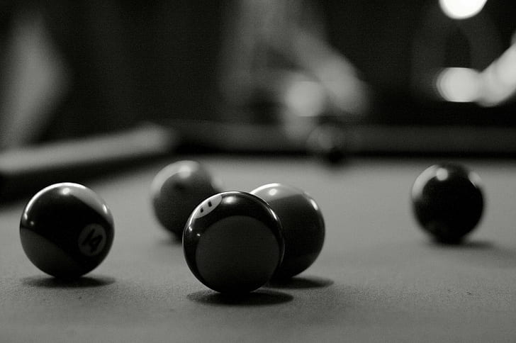 grayscale photo of billiard balls on pool table, grayscale, photo, billiard balls, blackandwhite, pool Game, leisure Games, sport, playing, ball, snooker, competition, hobbies, table, leisure Activity, pool Ball, pool Table, HD wallpaper
