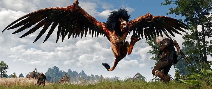 homem na frente do leão com papel de parede digital de asas, The Witcher, The Witcher 3: Wild Hunt, HD papel de parede