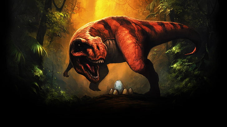 T-rex zabezpieczający jajko w otoczeniu drzew malowanie, dinozaury, fantasy art, Tyrannosaurus rex, jajka, Tapety HD