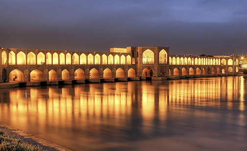 Khaju Bridge At Dusk, Isfahan, Iran, beige concrete bridge, Asia, Iran, Bridge, Khaju, Dusk,, Isfahan, HD wallpaper HD wallpaper
