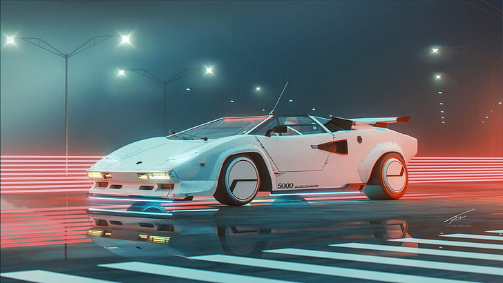 Auto, Supersportwagen, Fahrzeug, Lamborghini, weiße Autos, Kunstwerk, Lamborghini Countach, HD-Hintergrundbild