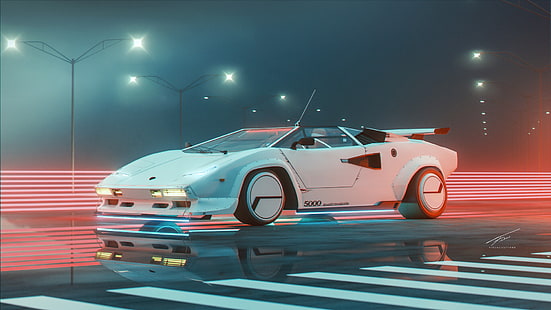 Auto, Supersportwagen, Fahrzeug, Lamborghini, weiße Autos, Kunstwerk, Lamborghini Countach, HD-Hintergrundbild HD wallpaper