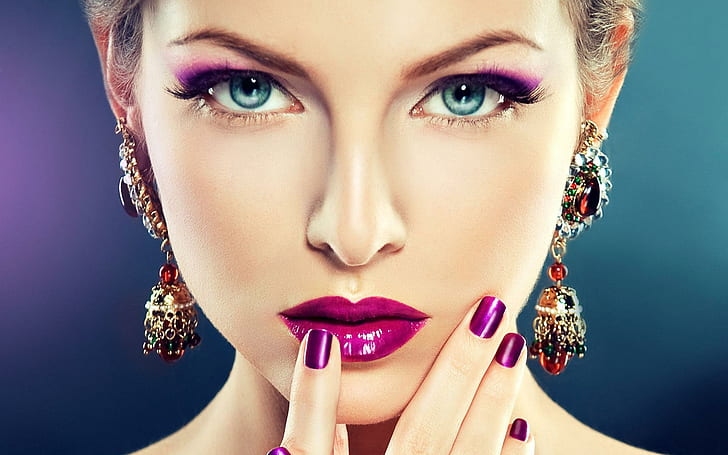 Purple make-up, women's gold and red drop earrings, photography, 1920x1200, face, woman, make-up, HD wallpaper