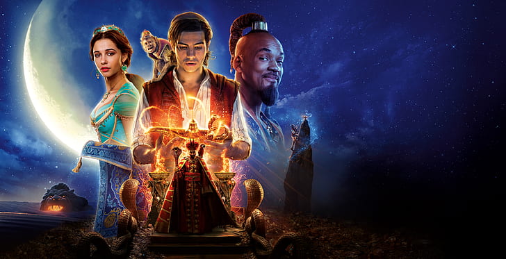 Movie, Aladdin (2019), Aladdin, Mena Massoud, Naomi Scott, Princess Jasmine, Will Smith, HD тапет