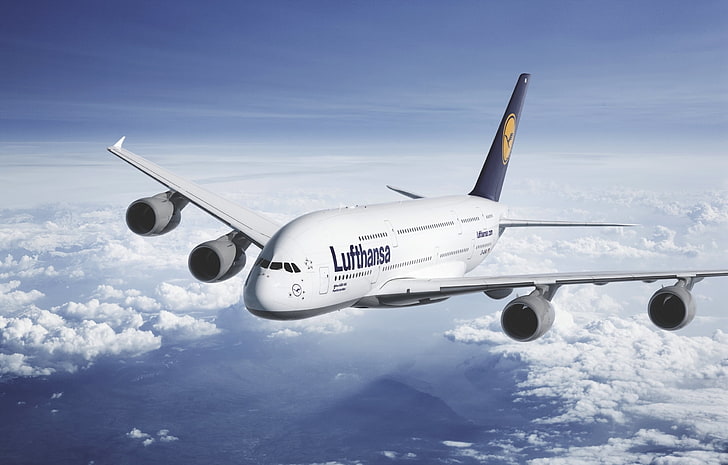 สายการบิน Lufthansa สีเทาท้องฟ้าเมฆเครื่องบิน Liner ความสูง A380 Lufthansa ผู้โดยสารแอร์บัส Star Alliance, วอลล์เปเปอร์ HD