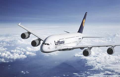 สายการบิน Lufthansa สีเทาท้องฟ้าเมฆเครื่องบิน Liner ความสูง A380 Lufthansa ผู้โดยสารแอร์บัส Star Alliance, วอลล์เปเปอร์ HD HD wallpaper