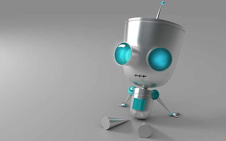 brinquedo robô cinza e azul, robô, olhos, metal, sente-se, HD papel de parede