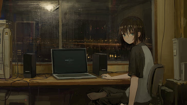 Anime, anime girls, room, laptop, brunette, looking at viewer, computer, HD  wallpaper | Wallpaperbetter