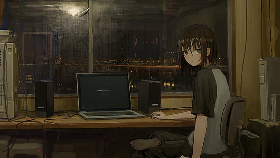 аниме, аниме момичета, стая, лаптоп, брюнетка, гледащ зрителя, компютър, бос, HD тапет HD wallpaper