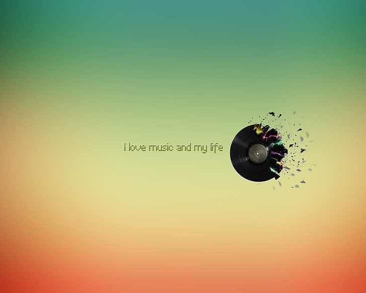 black LP record illustration, color, record, I love music and my life, HD wallpaper