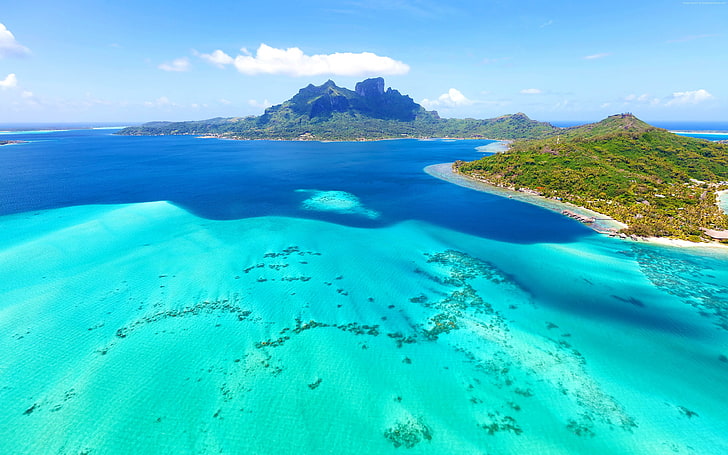 Бора-Бора во Французской Полинезии, небольшой остров в южной части Тихого океана к северо-западу от Таити, вид с воздуха Красивые синие тропические пейзажи Обои 3840 × 2400, HD обои
