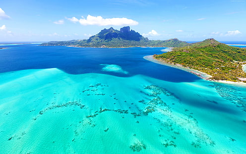Bora Bora na małej wyspie Polinezji Francuskiej na południowym Pacyfiku na północny zachód od Tahiti widok z lotu ptaka Piękny niebieski tropikalny krajobraz Tapeta 3840 × 2400, Tapety HD HD wallpaper