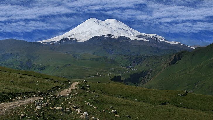 sky, Elbrus, mountains, Caucasus, 4k, 5k, meadows, volcano, HD wallpaper