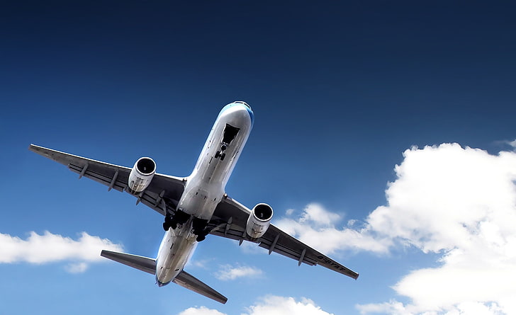 Самолет взлетающий, белый пассажирский самолет, моторы, самолет, HD обои