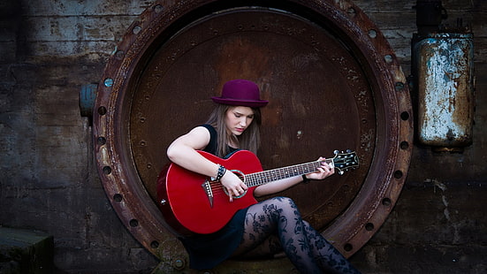 Chica de pelo largo, sombrero, guitarra, música, pelo largo, chica, sombrero, guitarra, música, Fondo de pantalla HD HD wallpaper