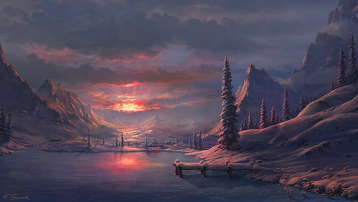 digital art, artwork, ilustration, winter, sunset, snow, lake, landscape, HD wallpaper