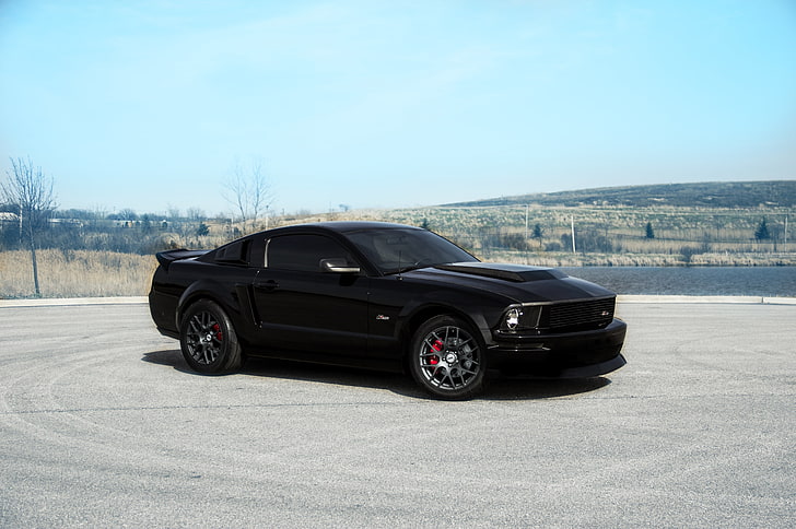 black Ford Mustang coupe, ford, mustang, gt, black, landscape, red, HD wallpaper