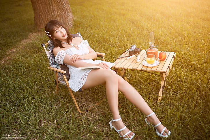 Max Chang, women, Asian, brunette, white dress, picnic, legs, HD wallpaper