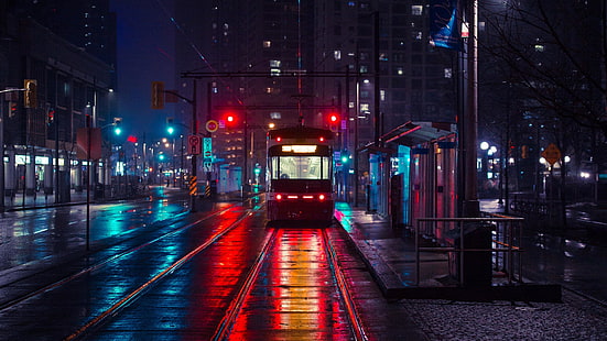 cityscape, electric rail, electricity, darkness, street, downtown, light, infrastructure, night, tram, urban, reflection, wet, electrical, lighting, evening, city, stop, HD wallpaper HD wallpaper