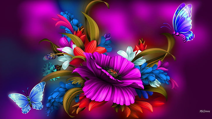 Artístico, primavera, borboleta, colorido, cores, flor, HD papel de parede