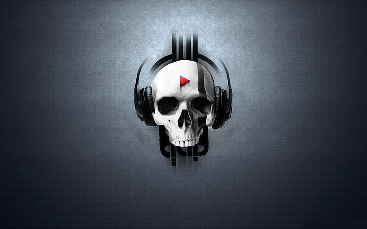 white and black skull wearing headphones wallpaper, skull, headphones, digital art, textured, artwork, HD wallpaper