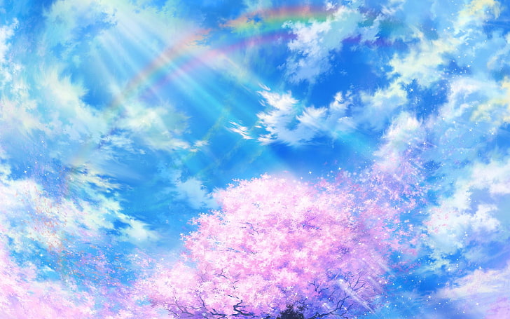 art, cherry, clouds, nature, rainbow, sky, Tsujiki, HD wallpaper