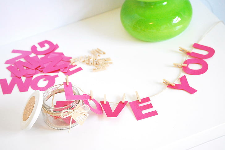 Message To My Valentine ♥!, Pink love you, висящие буквы, декоры, pink, love, letters, message, февраль, навсегда, зеленый, 3d и аннотация, HD обои