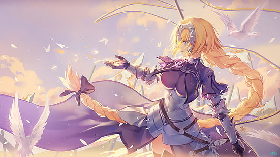 Fate Series, Fate/Grand Order, Bird, Blonde, Blue Eyes, Braid, Chain, Feather, Jeanne d'Arc (Fate Series), Long Hair, Ruler (Fate/Apocrypha), Ruler (Fate/Grand Order), Smile, bow (Clothing), HD wallpaper HD wallpaper